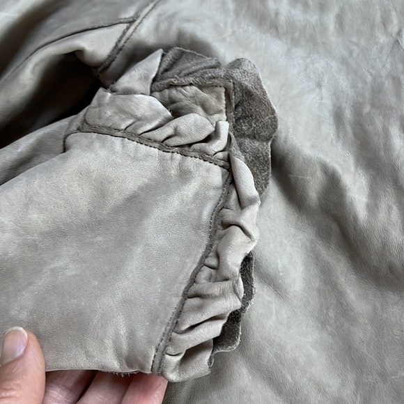 Lisii Tan Leather Cropped Open Jacket with Ruffle Trim - Picture 6 of 11